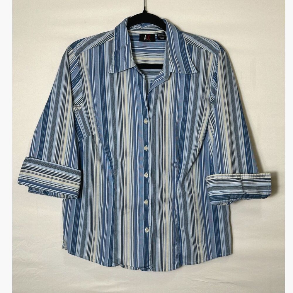 ALC Stretch Women's Career Tailored Blue Stripe Button Up Blouse Size L